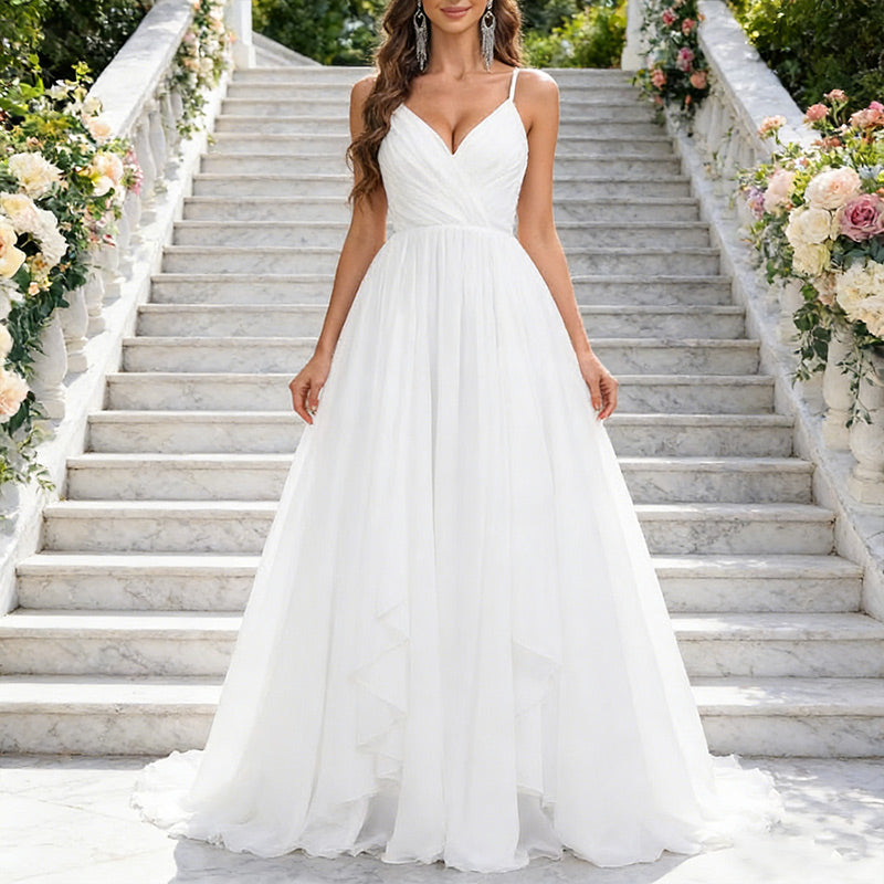 A-Linie Brautkleid in Weiß mit V-Ausschnitt Hochzeitskleid aus Chiffon mit kaskadierendem Stufenrock 2-26W