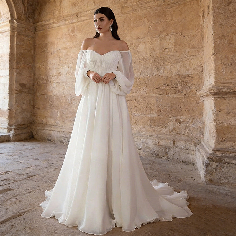 A-Linie Brautkleid Weiß – Schulterfreies Hochzeitskleid mit Laternenärmeln und Chiffon-Rock 34-46