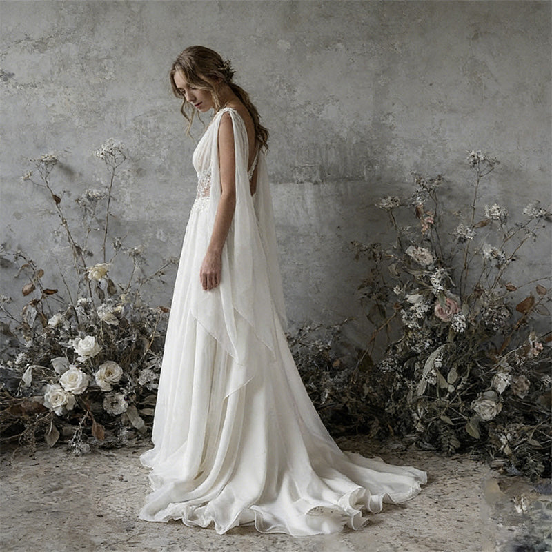 Ätherisches Griechische-Göttin Brautkleid mit Cape-Schultern – Elegante A-Linie aus Chiffon mit Cut-out Spitze 2-26W
