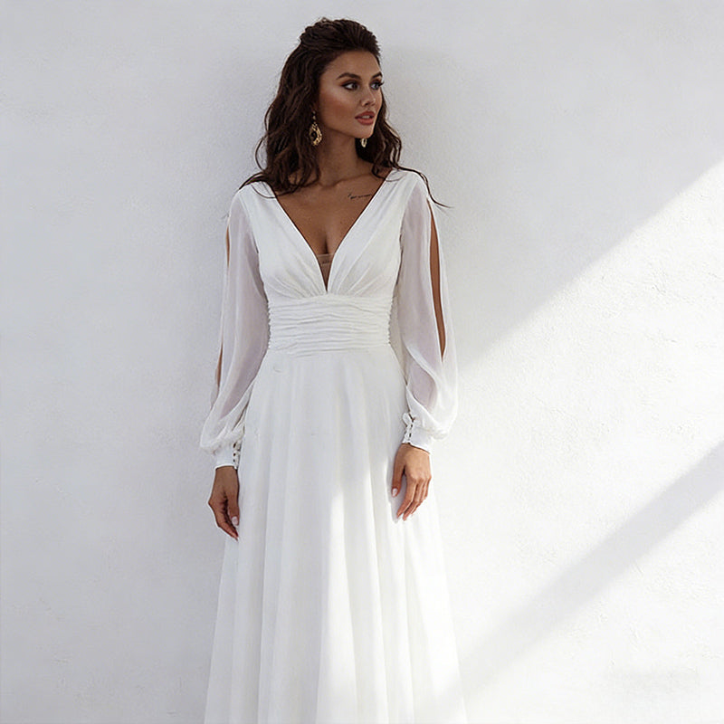 Brautkleid mit Bischofärmeln – A-Linien Hochzeitskleid mit V-Ausschnitt für Wald Gartenhochzeiten 32-42