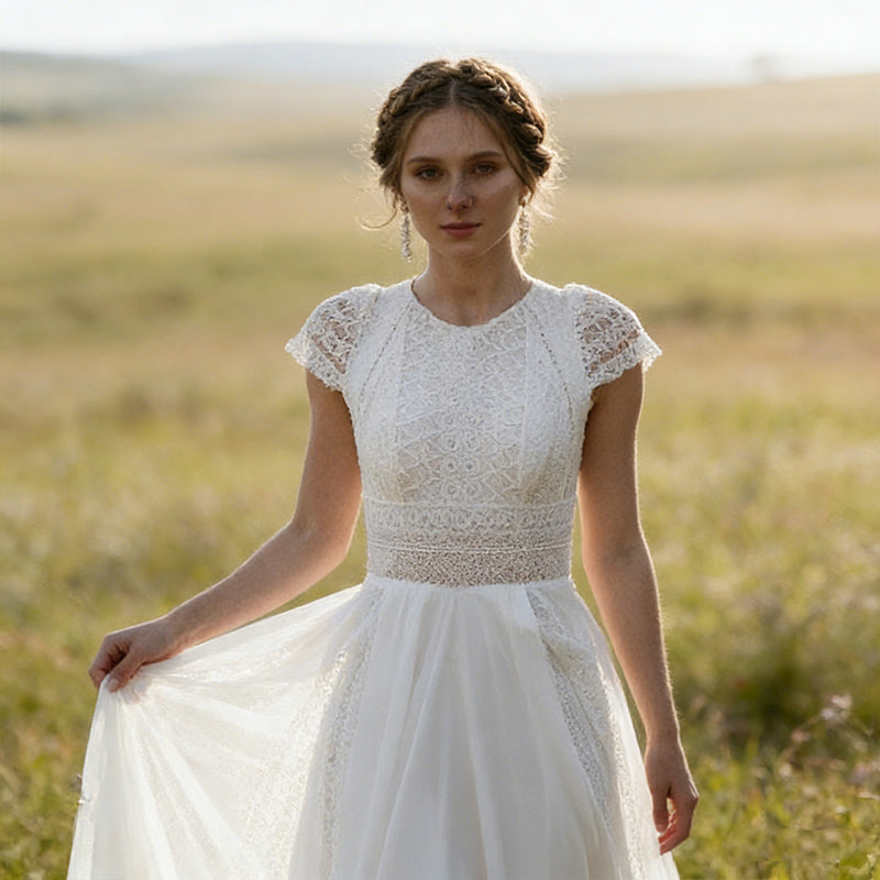 Boho Brautkleid mit Spitzenoberteil und Flügelärmeln Romantisches A-Linie Hochzeitskleid 2-26W