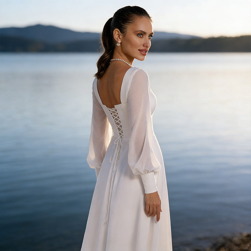 Brautkleid A Linie Weiß Langarm Quadratischer Ausschnitt Hochzeitskleid Chiffon Bodenlang Modern Boho 32-56