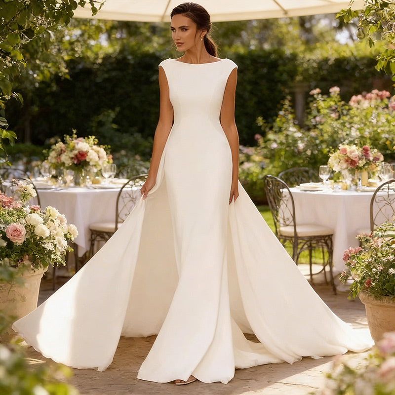 Brautkleid im Meerjungfrau-Stil mit abnehmbarer Schleppe – Minimalistisches A-Linie Hochzeitskleid mit U-Boot 2-26W