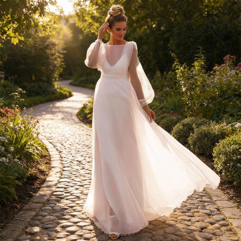 Brautkleid in A-Linie mit Illusions-Ausschnitt – Bodenlanges Hochzeitskleid mit Tüllärmeln und Fall 32-42