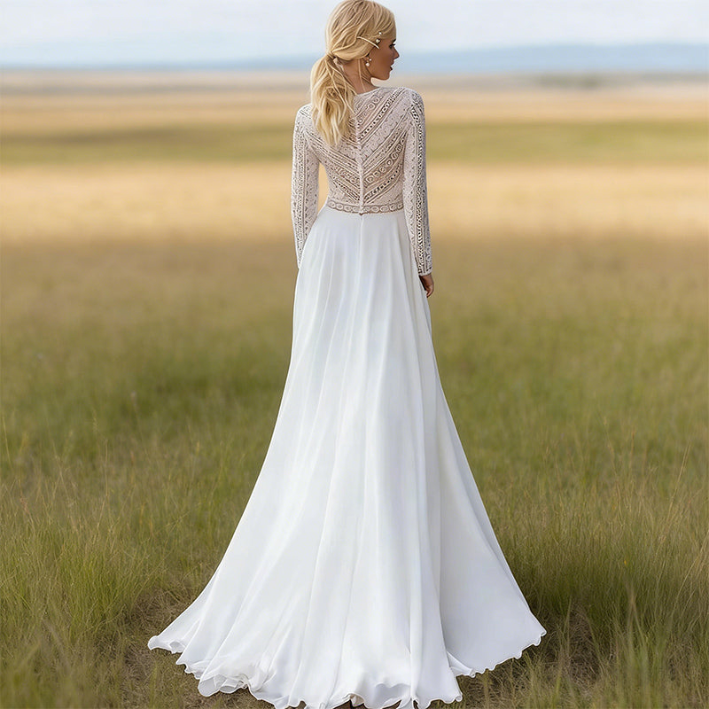 Boho-Brautkleid mit V-Ausschnitt und Spitzenärmeln A-Linien Hochzeitskleid mit geometrischer Spitze 2-26W