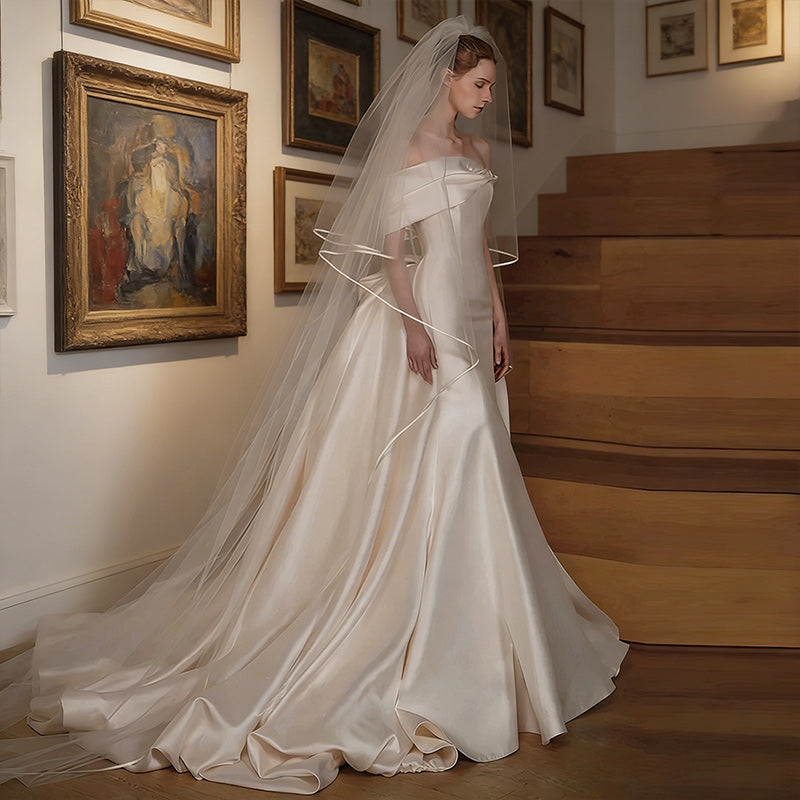 A-Linie Edles Satin Brautkleider Prinzessin im mit Schleppe und elegantem Off-Shoulder-Ausschnitt Elfenbein 2-26W