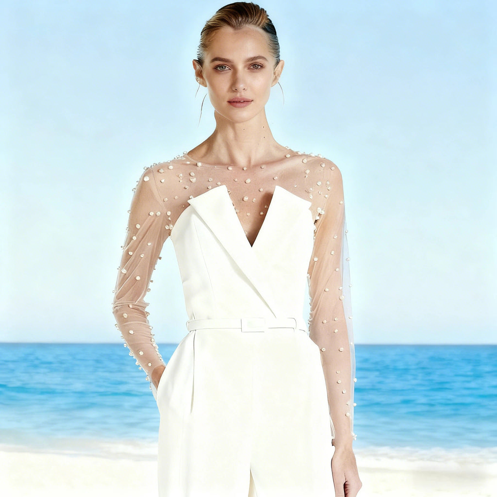 Eleganter Braut Jumpsuit Bodenlang mit V-Ausschnitt und Langarm Hochzeits Hosenanzug 32-38