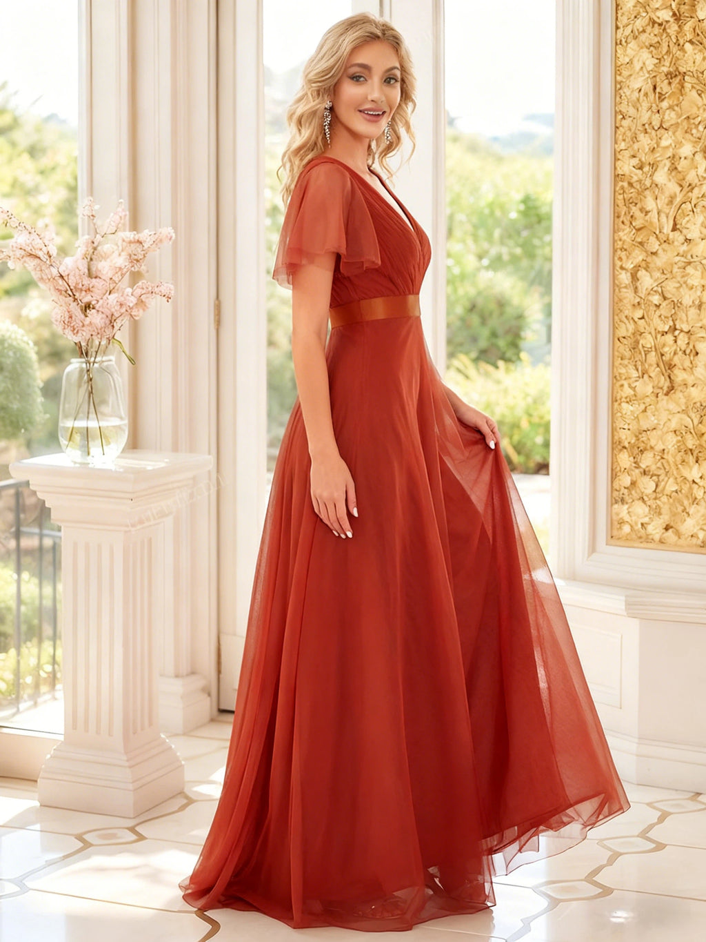 Elegantes Abendkleid mit V-Ausschnitt und – Bodenlanges A-Linien Kleider in Rot mit Satin-Gürtel 36-44