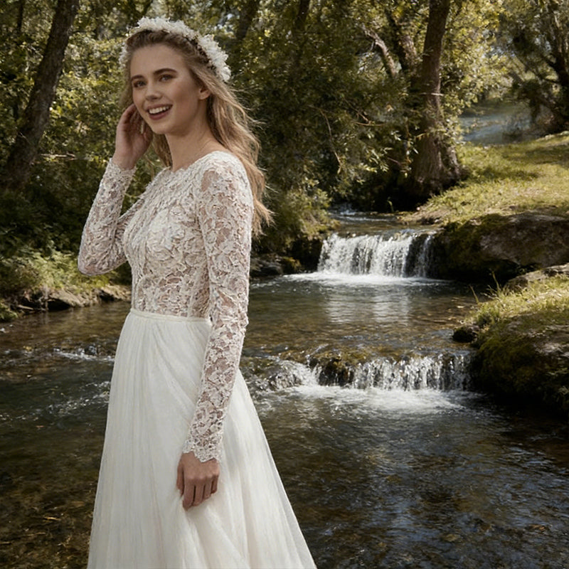Elegantes Boho Brautkleid Langarm Spitze Chiffon Weiss 34-46
