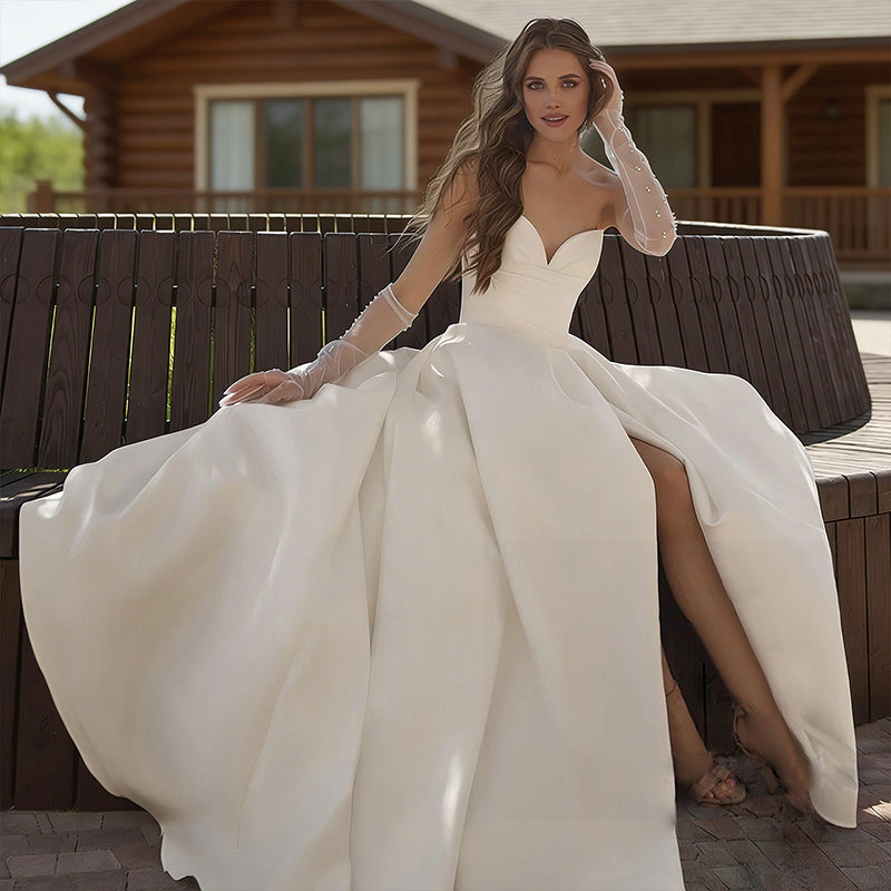 Brautkleider Prinzessin aus Satin A Linie mit Beinschlitz Herz Ausschnitt Modernes Hochzeitskleid Elfenbein 32-56