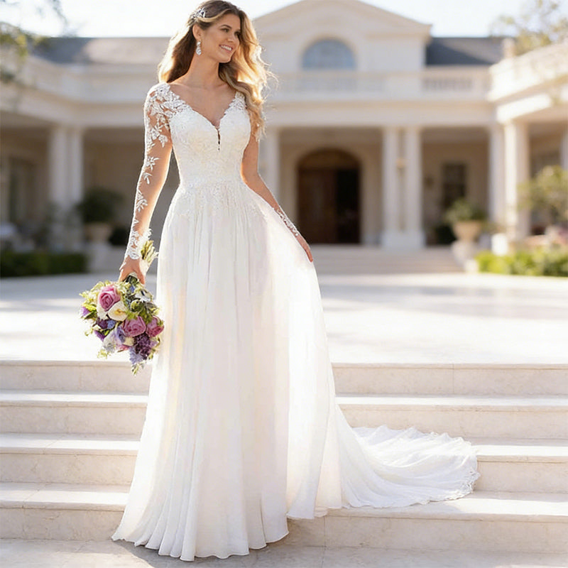 Elegantes Brautkleid aus Spitze A Linie mit V Ausschnitt Langarm Bodenlang Hochzeit 32-56