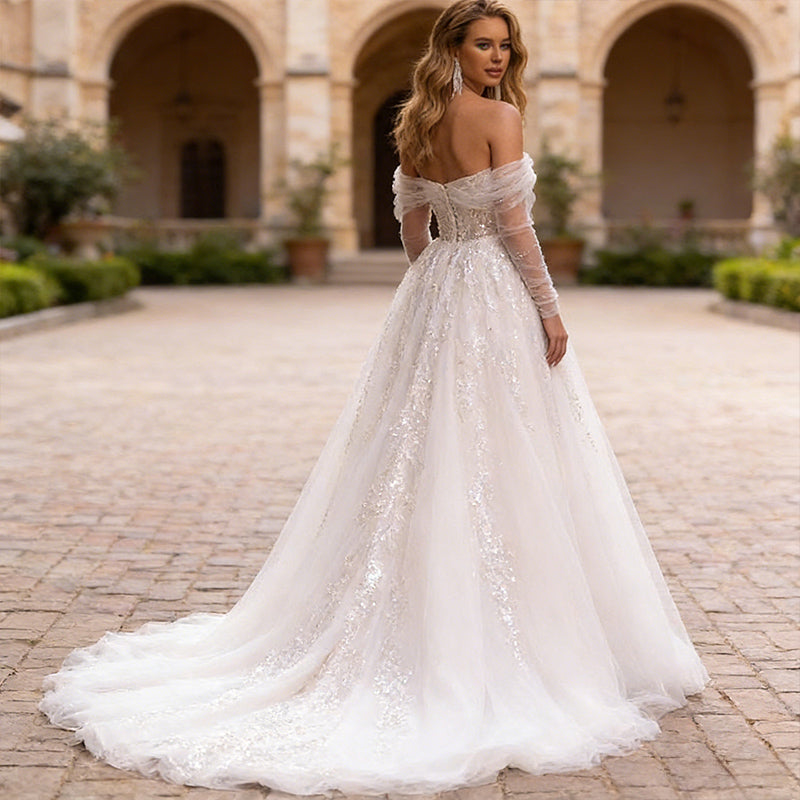 Off-Shoulder Brautkleider Prinzessin mit Pailletten und Beinschlitz Tüll Hochzeitskleid A-Linie Elfenbein 2-26W