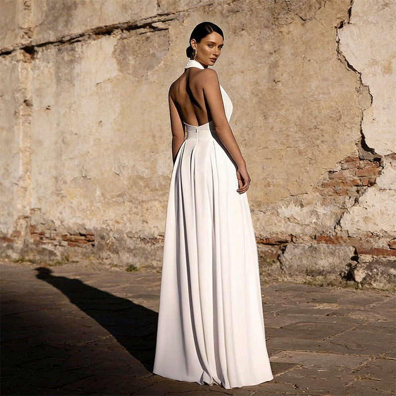 A-Linie Brautkleider in Weiß – mit V-Ausschnitt Wickeloptik und Kreuz-Rückendetail