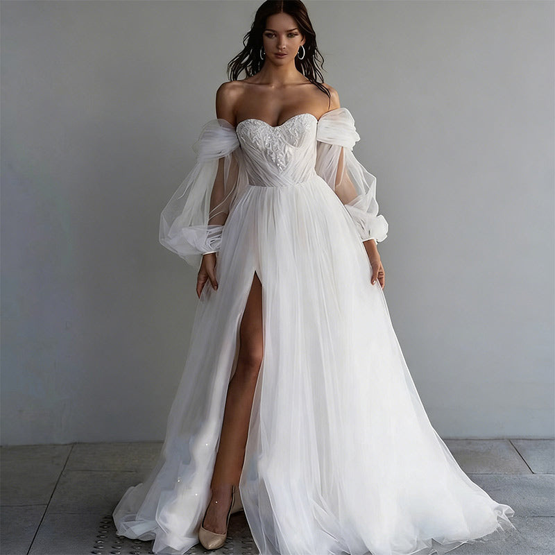 Off-Shoulder Brautkleider Prinzessin mit Herz-Ausschnitt Beinschlitz – Elfenhaftes A-Linien Kleid mit Puffärmeln 2-26W