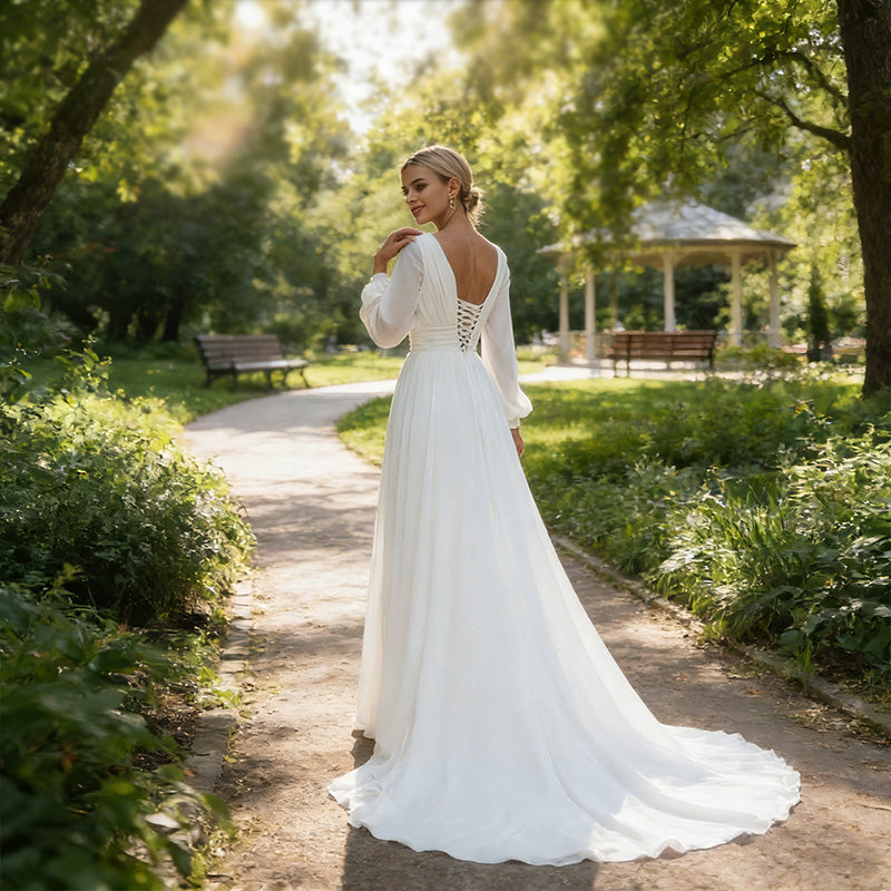 Prachtvolles A-Linien Brautkleid Laternenärmeln – Hochzeitskleid mit tiefem V-Ausschnitt und Schleppe 2-26W