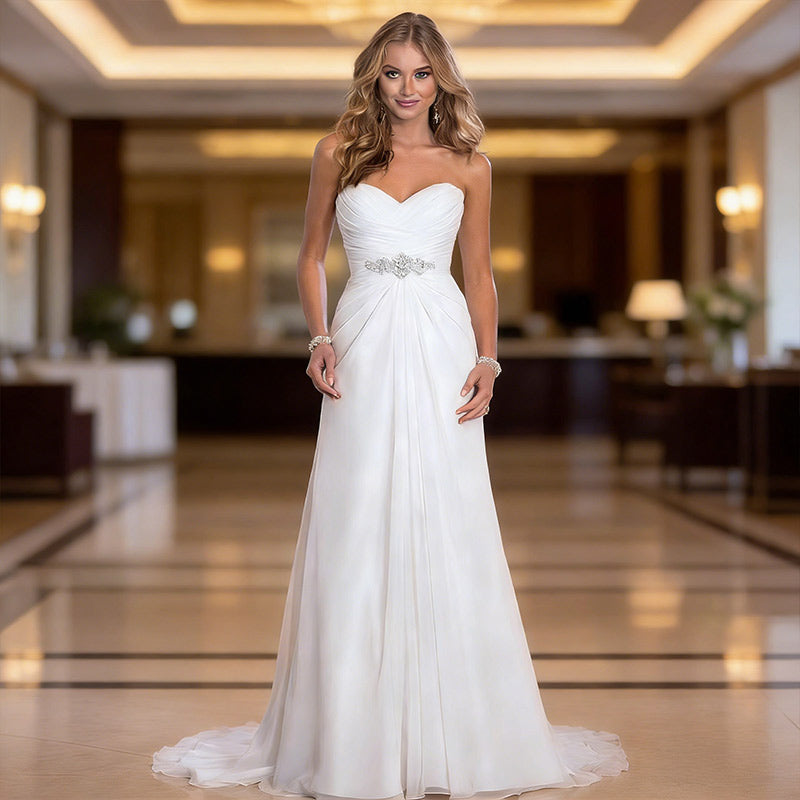 Romantisches Brautkleid in A-Linie mit Herz-Ausschnitt und Kristall-Gürtel Elegantes Chiffon Hochzeitskleid Elfenbein 2-26W