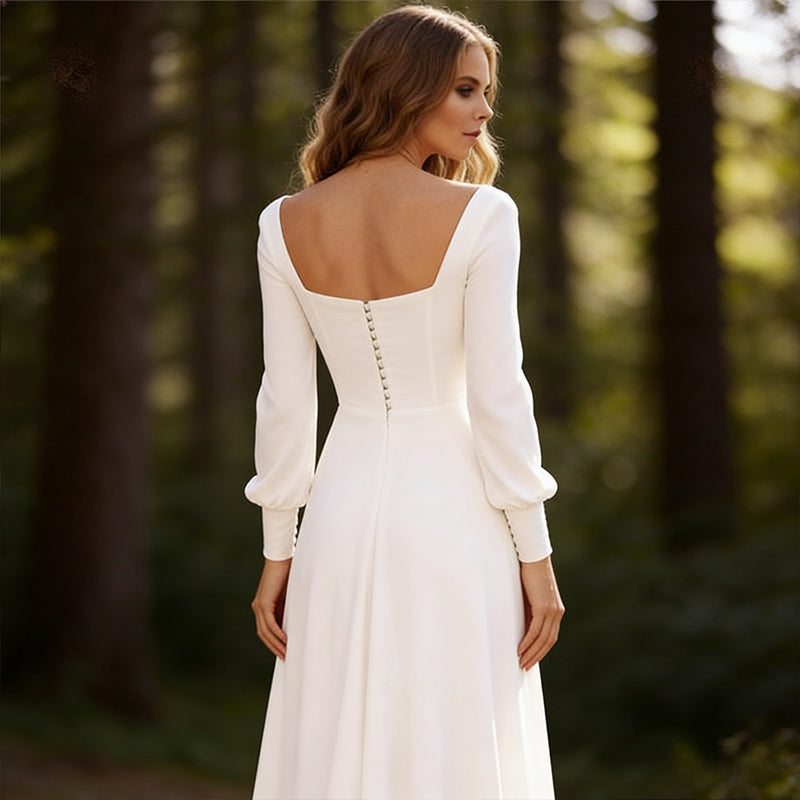 Schlichtes Brautkleid Weiß A Linie Langarm Quadratischer Ausschnitt Hochzeitskleid Chiffon Bodenlang Modern Elegant