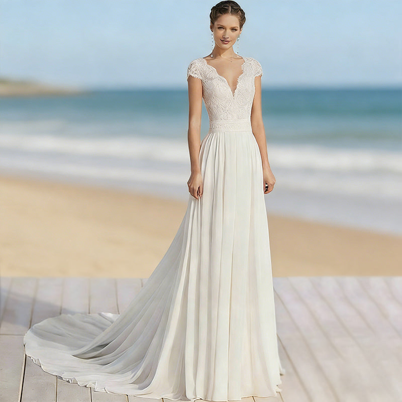 Vintage Boho Brautkleid aus Spitze A Linie mit V Ausschnitt und Kappenärmel Schlichtes Hochzeitskleid Elfenbein 2-26W