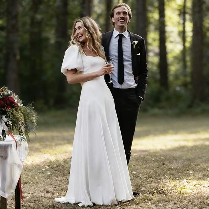 Brautkleider Prinzessin Hochzeitskleid mit Quadratischem Ausschnitt und Puffärmeln Satin Brautkleid A-Linie Retro-Stil XS-2XL