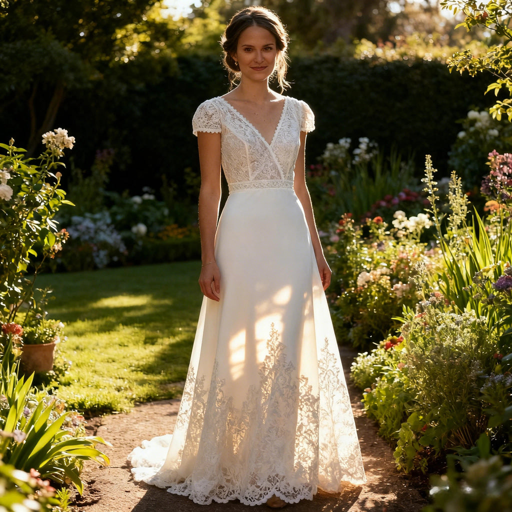 Boho Brautkleid Kurz mit Spitze und V-Ausschnitt – A-Linie Vintage Hochzeitskleid 2-26W