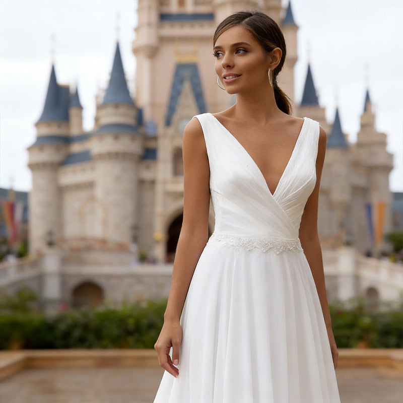 Zeitloses Brautkleid mit V Ausschnitt und Taillenakzent in Elfenbein 34-44