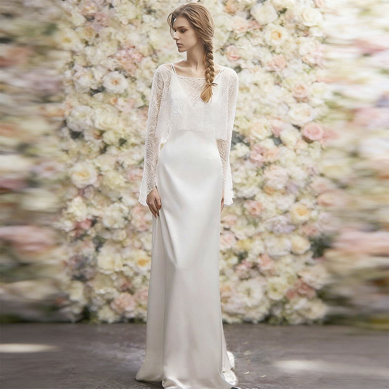 Zweiteiliges Boho Brautkleid mit Glitzer-Caplet und Seidigem Satin Kleid Elegantes A-Linie Hochzeitskleid Elfenbein 32-44