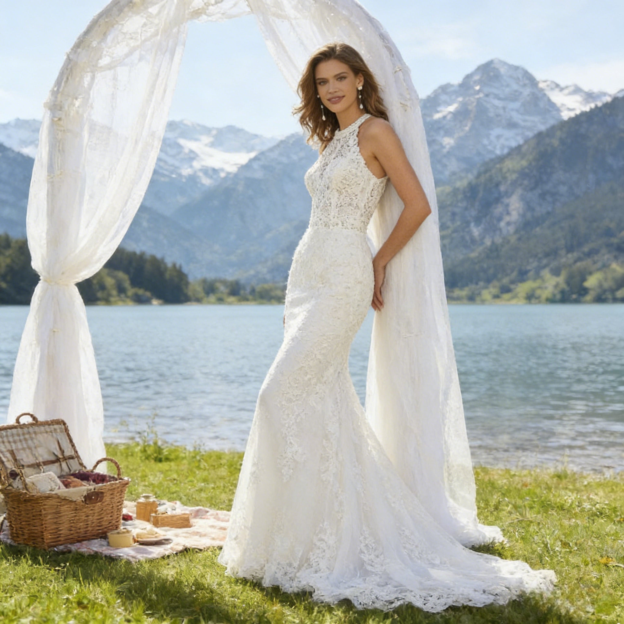 BHstyle Hosenanzug Braut Weiß Spitze Edel Neckholder Jumpsuit Hochzeit Anlassmode Sexy Modern Elegant 2-24W