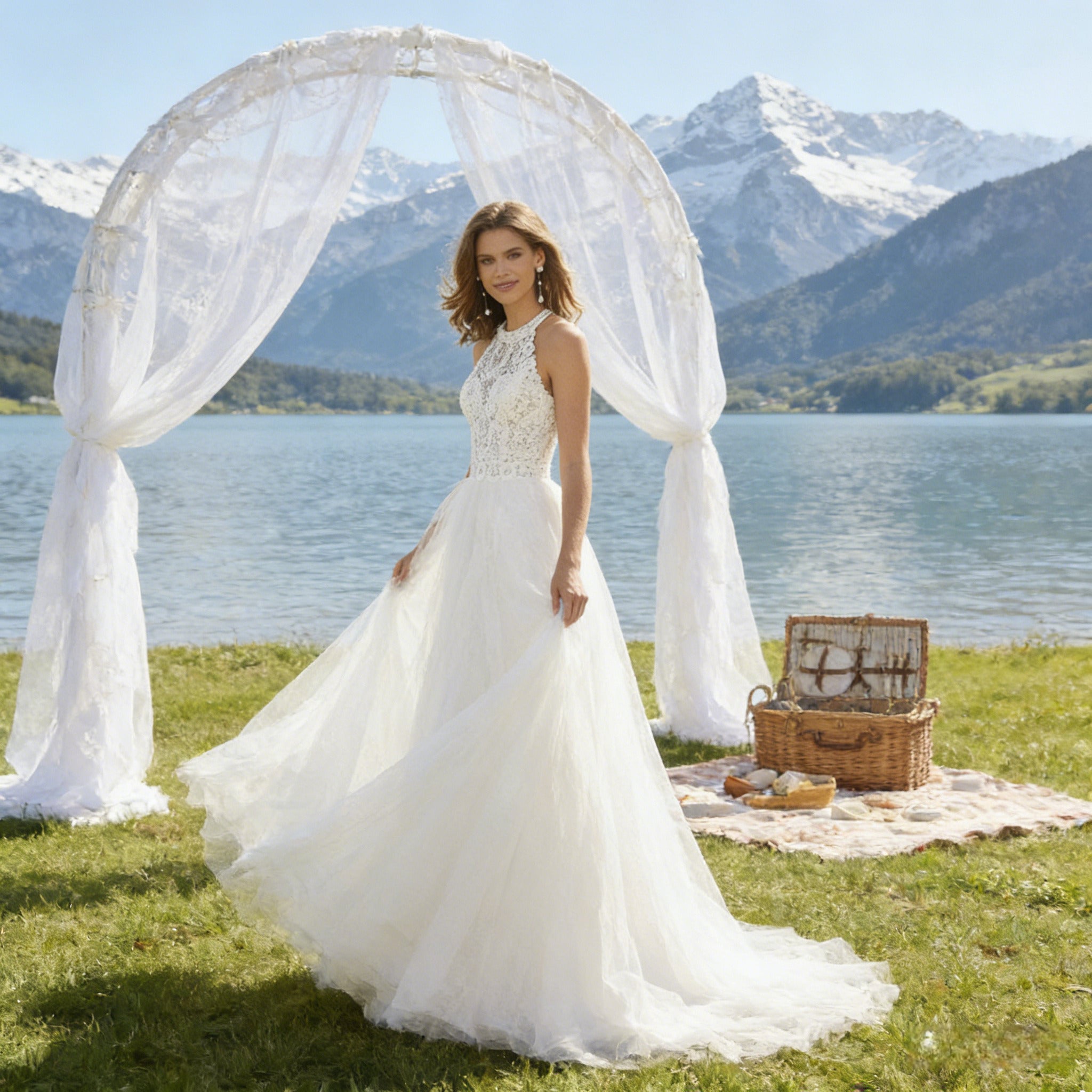 BHstyle Hosenanzug Braut Weiß Spitze Edel Neckholder Jumpsuit Hochzeit Anlassmode Sexy Modern Elegant 2-24W