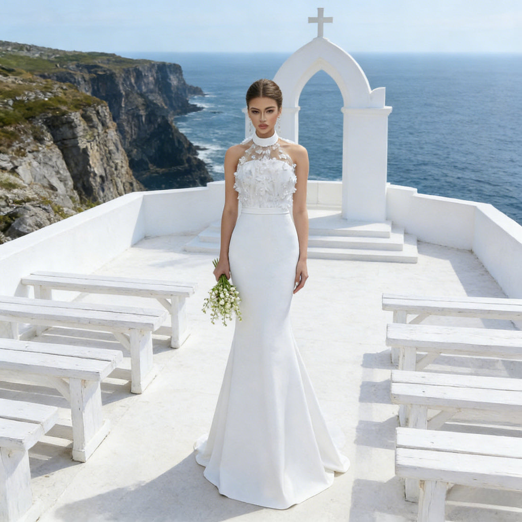 BHstyle Ball-Gown Weiß Meerjungfrau 3D-Blüten Edel Halterneck Anlassmode Sexy Modern Elegant Hochzeit