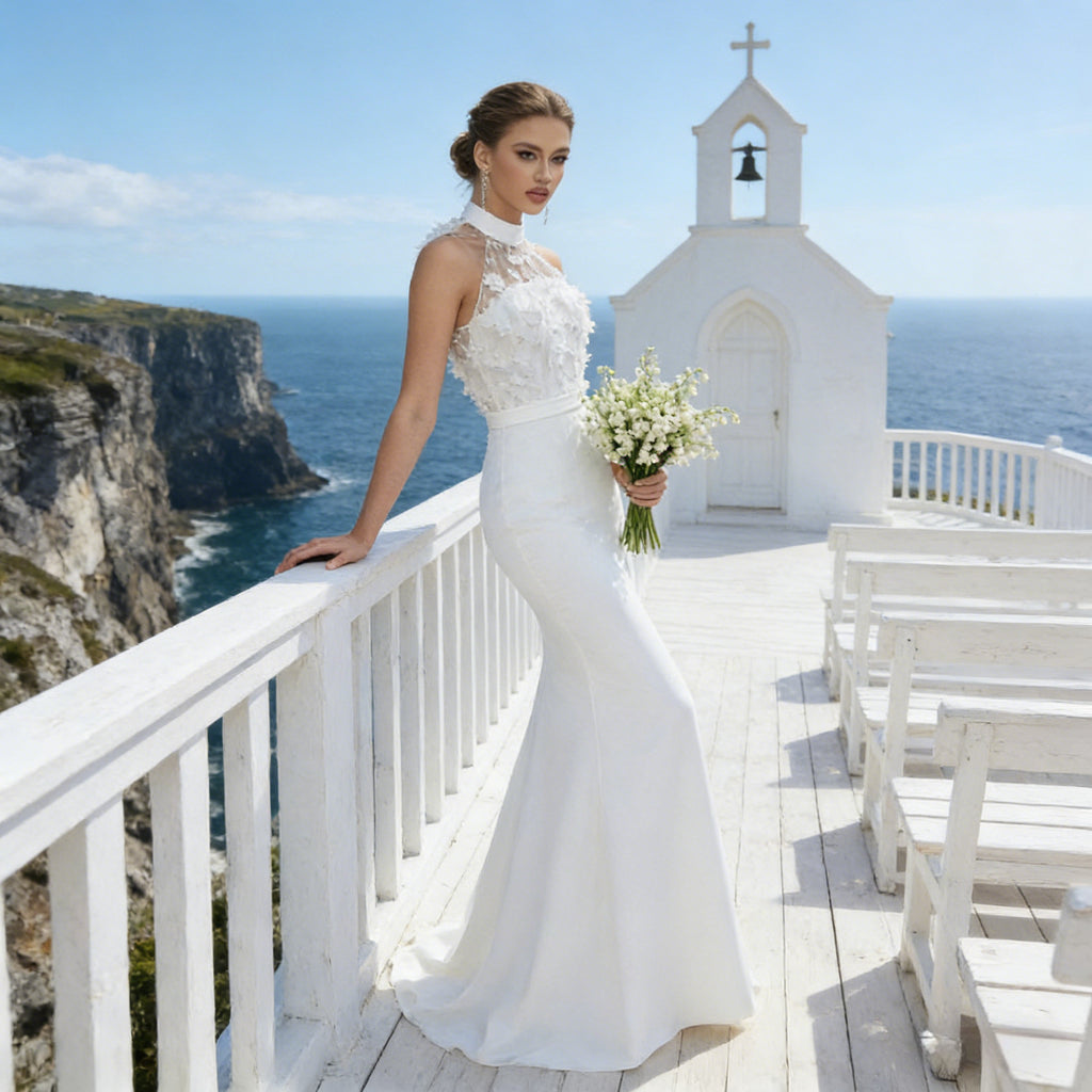 BHstyle Ball-Gown Weiß Meerjungfrau 3D-Blüten Edel Halterneck Anlassmode Sexy Modern Elegant Hochzeit