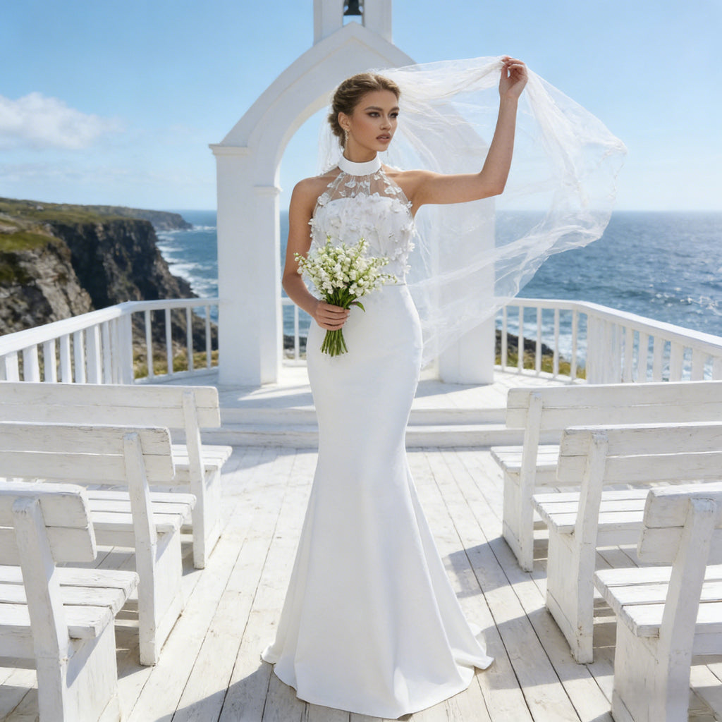 BHstyle Ball-Gown Weiß Meerjungfrau 3D-Blüten Edel Halterneck Anlassmode Sexy Modern Elegant Hochzeit