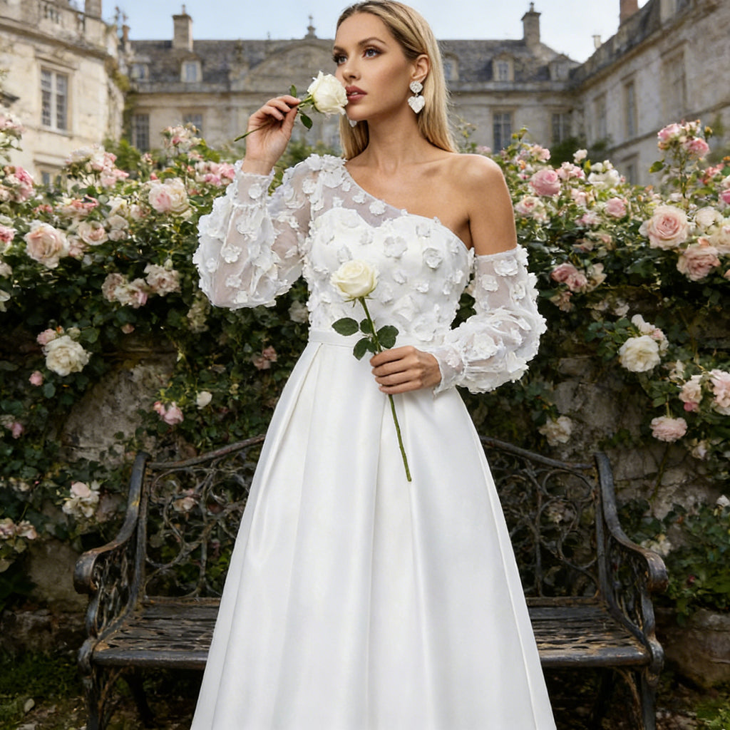 BHstyle Ball-Gown Weiß A-Linie 3D-Blüten Edel Hochgeschlossen Anlassmode Elegant Modern Romantisch