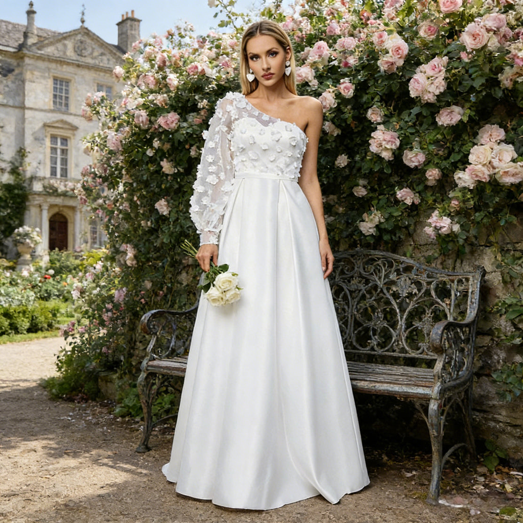 BHstyle Ball-Gown Weiß A-Linie 3D-Blüten Edel Hochgeschlossen Anlassmode Elegant Modern Romantisch