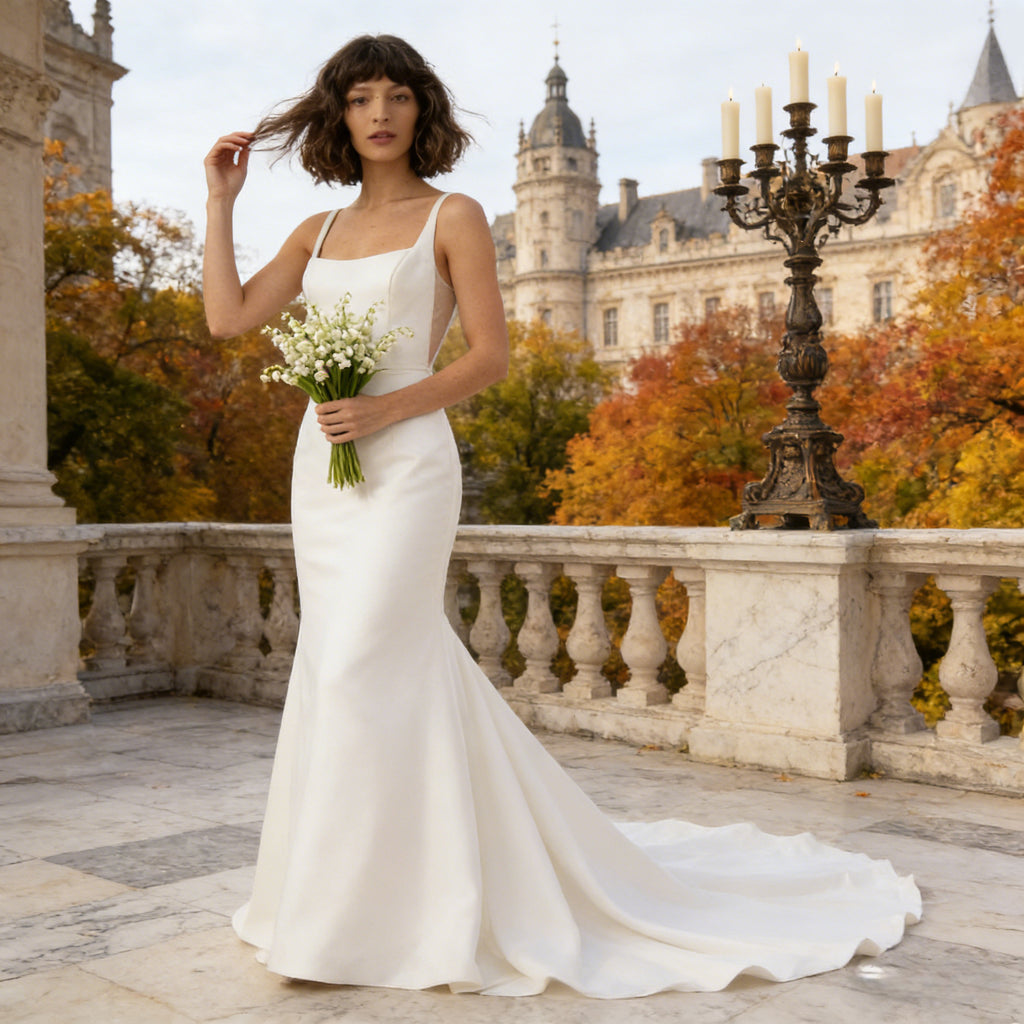 BHstyle Ball-Gown Weiß Satin A-Linie Edel Eckiger Ausschnitt Anlassmode Modern Sexy Elegant Puristisch
