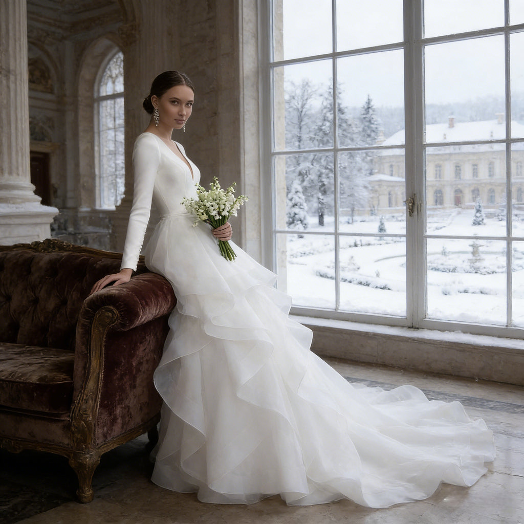 BHstyle Modernes Prinzessin Ball-Gown Langarm V Ausschnitt Kaskadenrock Organza Satin