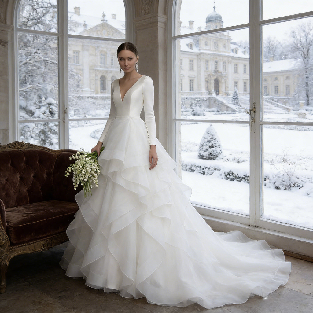 BHstyle Modernes Prinzessin Ball-Gown Langarm V Ausschnitt Kaskadenrock Organza Satin