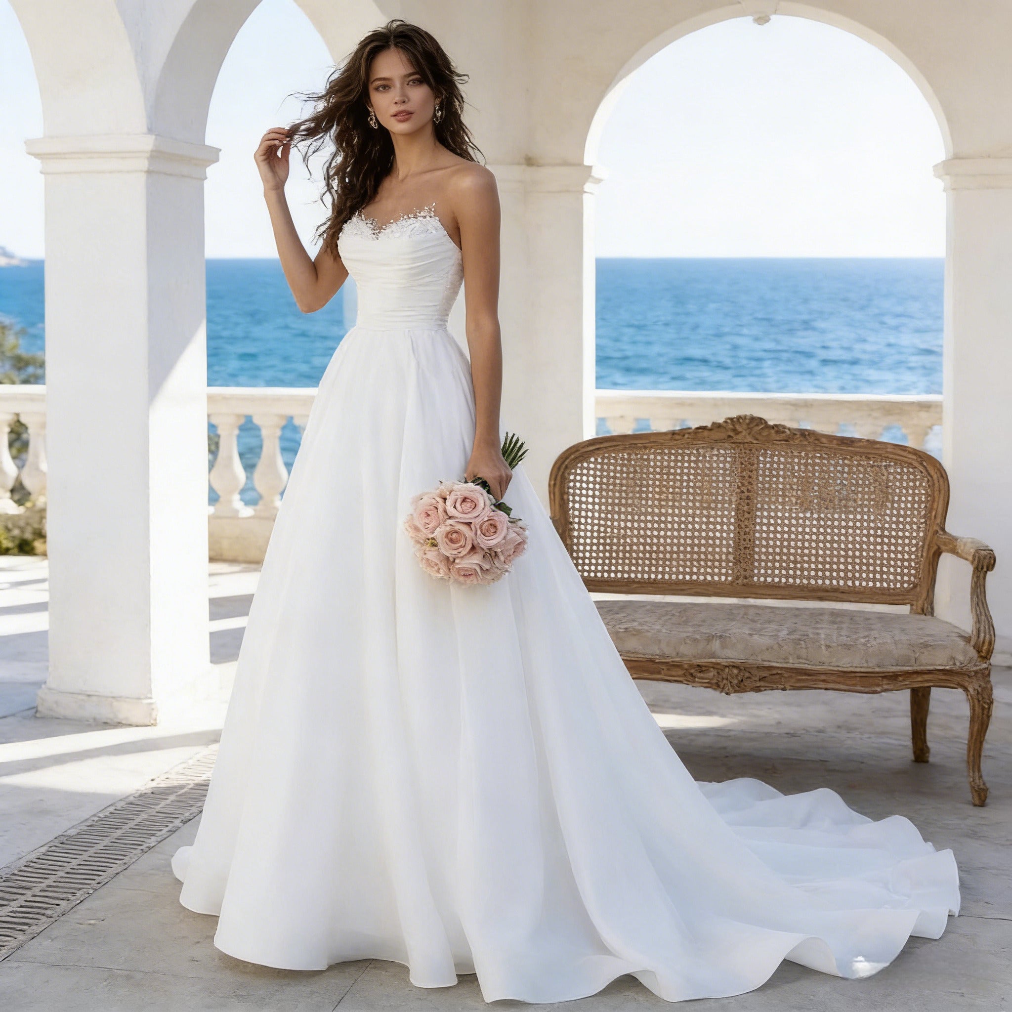 BHstyle Elegantes A Linie Ball-Gown Trägerlos mit Perlen Bestickung Tüll Anlassmode Ballkleid