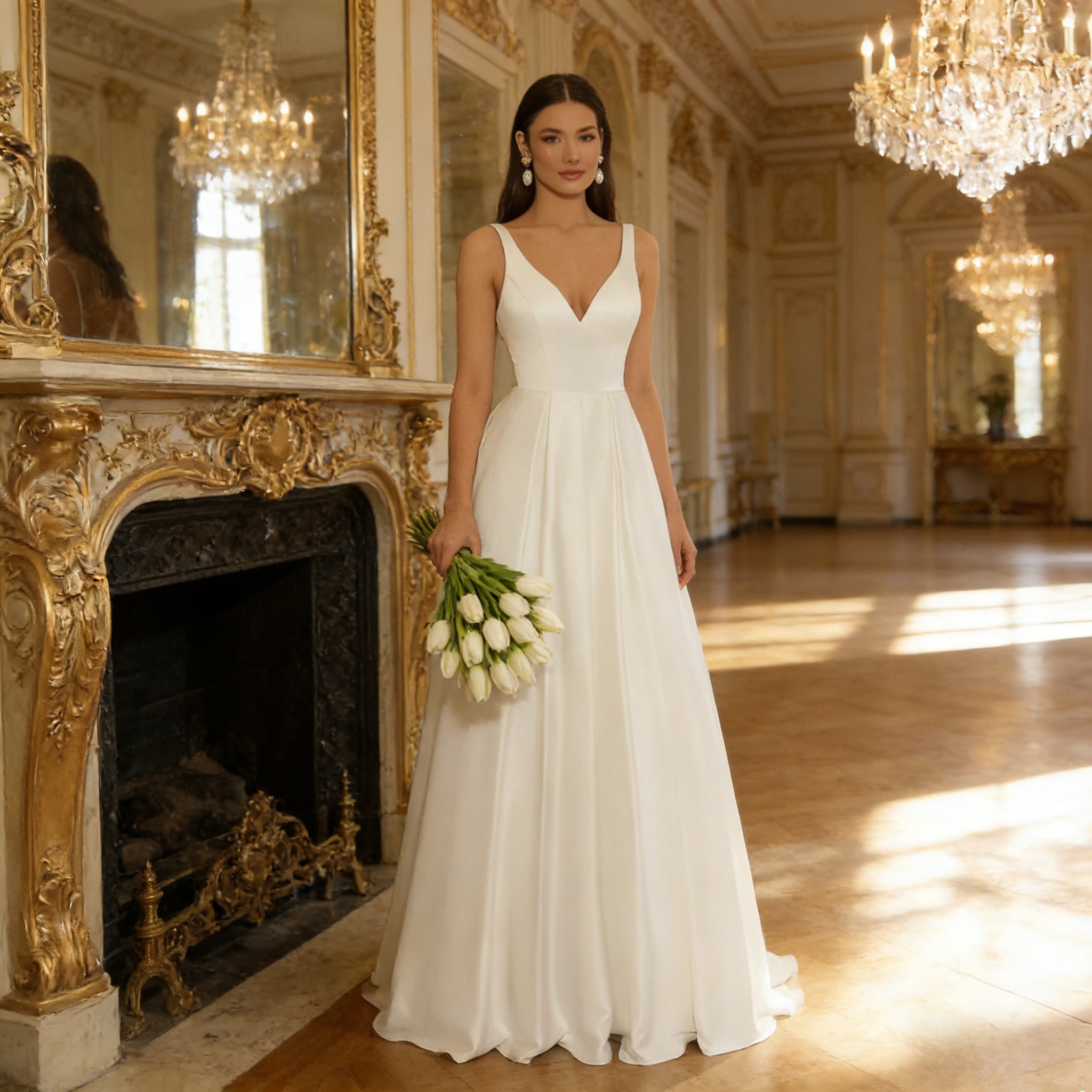 BHstyle Klassisches Satin Ball-Gown A Linie mit V Ausschnitt Schlichtes Ballkleid Anlassmode