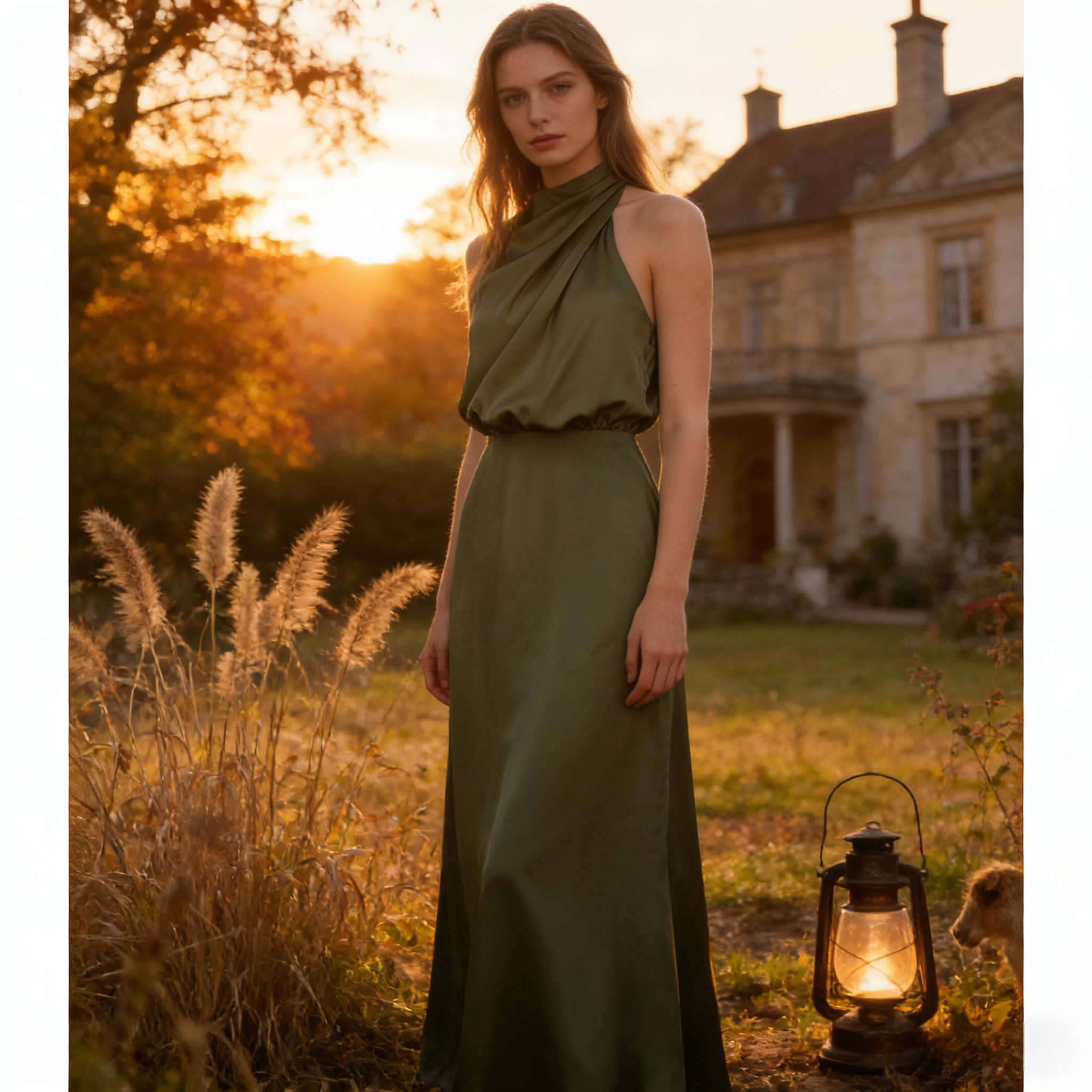 BHstyle Elegantes Neckholder Abendkleid Satin Militärgrün für Festliches Kleid Brautjungfernkleid