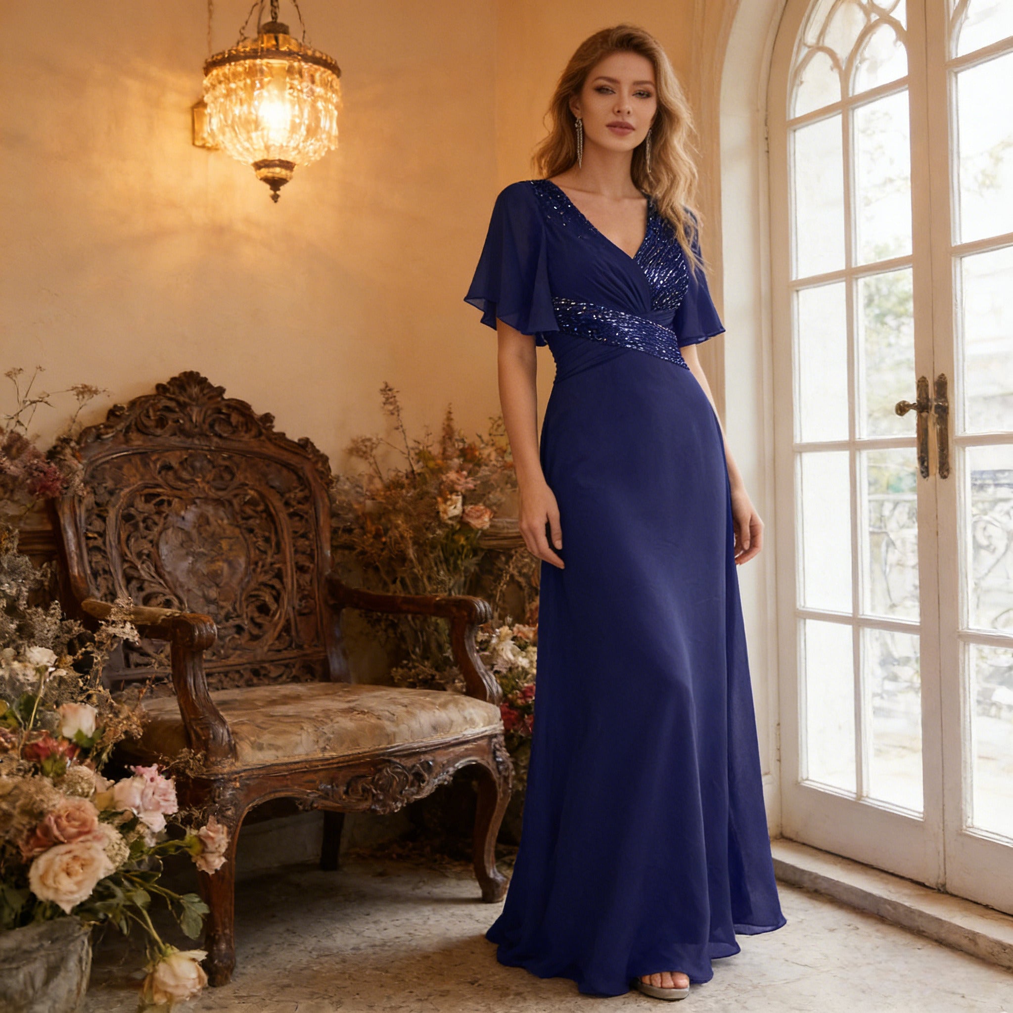 BHstyle Elegantes Abendkleid Blau mit Pailletten V Ausschnitt Flatterärmel Chiffon Festliches Kleid