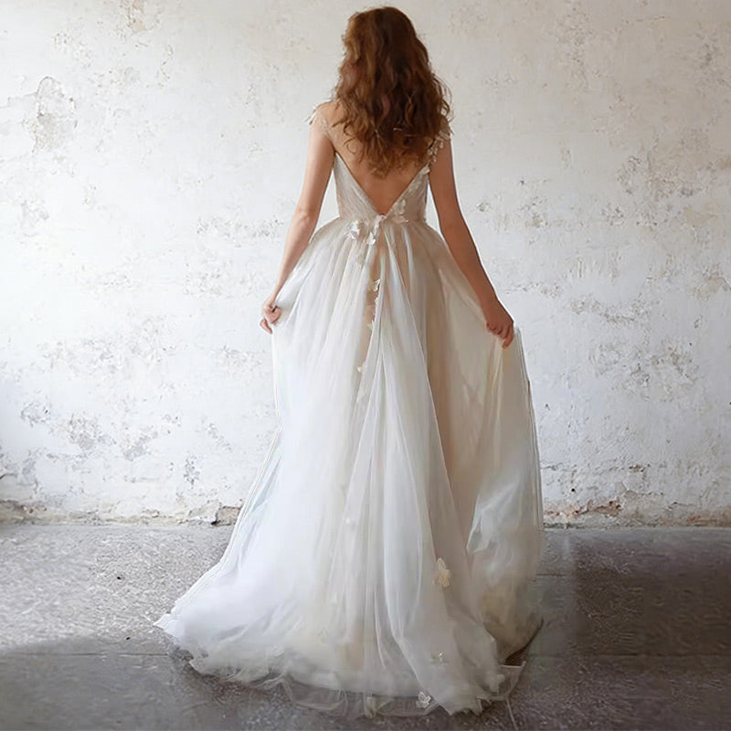 A-Linie Brautkleid in Elfenbein mit Schmetterlingen Boho-Hochzeitskleid aus Tüll mit Illusions-Ausschnitt 2-26w