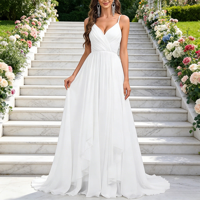 A-Linie Brautkleid in Weiß mit V-Ausschnitt Hochzeitskleid aus Chiffon mit kaskadierendem Stufenrock 2-26W