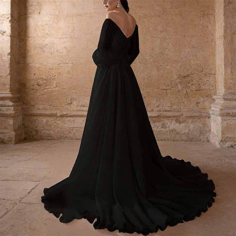 A-Linie Brautkleid Weiß – Schulterfreies Hochzeitskleid mit Laternenärmeln und Chiffon-Rock 34-46