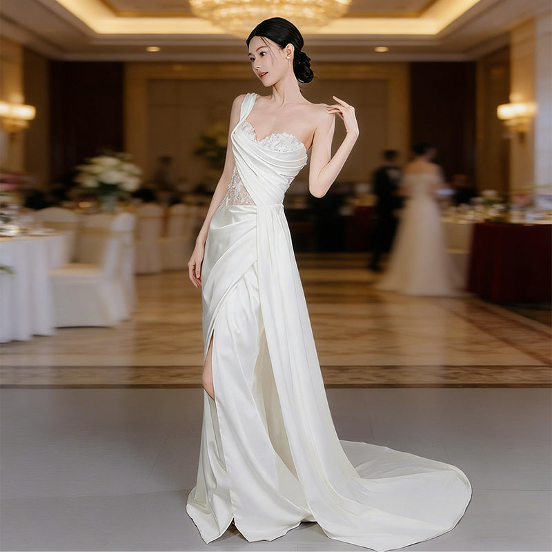 Asymmetrisches Satin Brautkleid mit One Shoulder Design und Transparentem Spitzen Korsett Beinschlitz XS-3XL