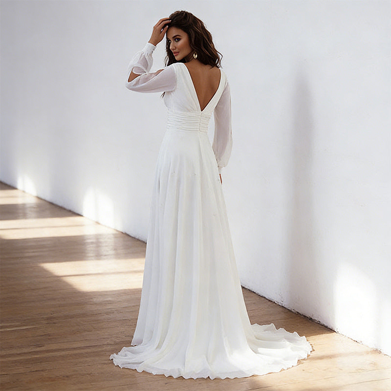 Brautkleid mit Bischofärmeln – A-Linien Hochzeitskleid mit V-Ausschnitt für Wald Gartenhochzeiten 32-42