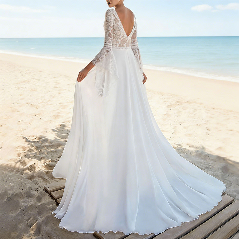 Boho Brautkleid mit Trompetenärmeln und V-Ausschnitt – Hochzeitskleid aus Spitze für Strand Garten 2-16W