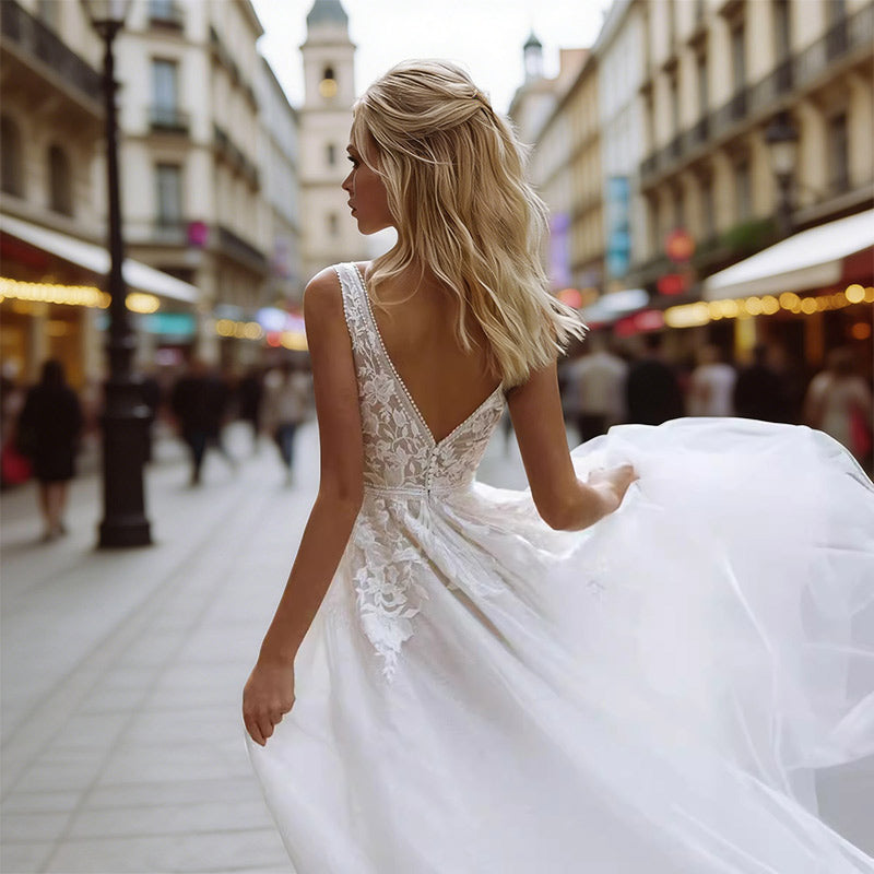 Boho Brautkleider Prinzessin mit V-Ausschnitt und floraler Spitze – Elegantes A-Linien Hochzeitskleid aus Glitzertüll 32-42