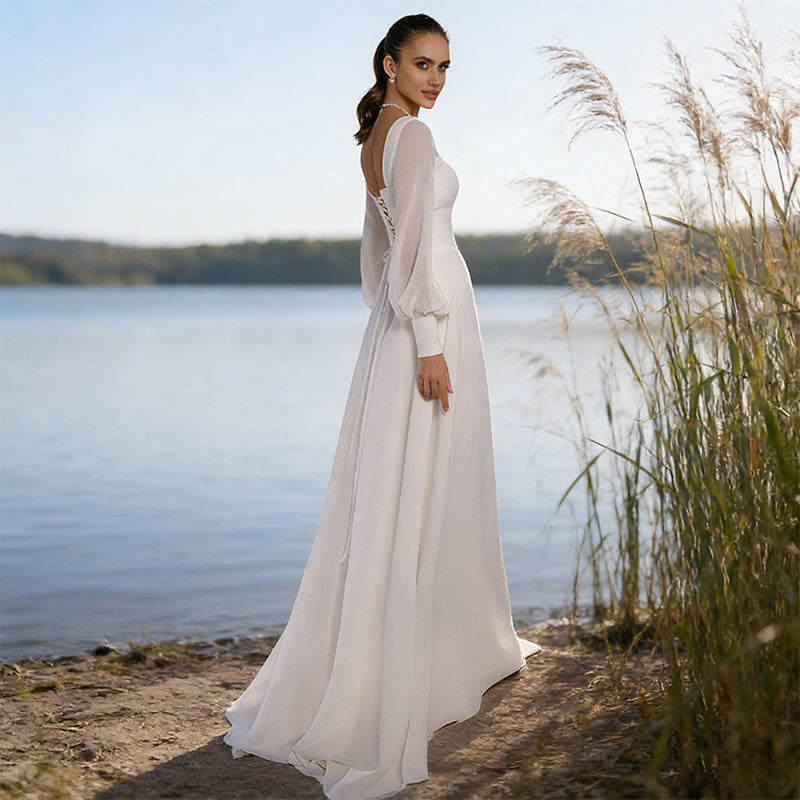 Brautkleid A Linie Weiß Langarm Quadratischer Ausschnitt Hochzeitskleid Chiffon Bodenlang Modern Boho 32-56