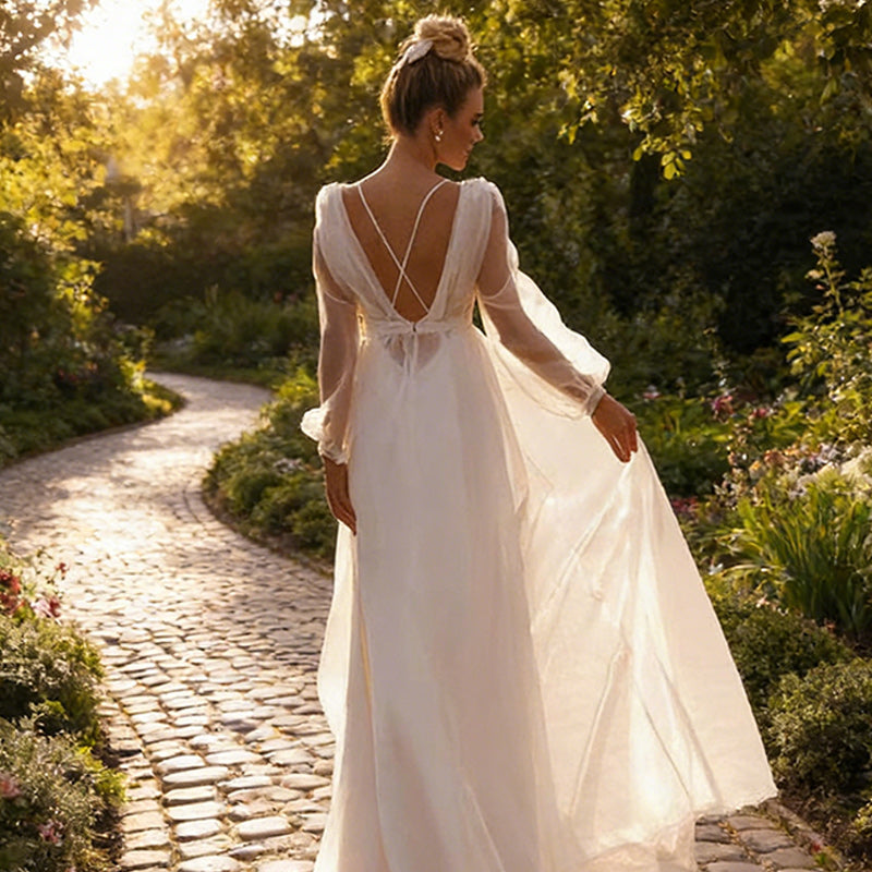 Brautkleid in A-Linie mit Illusions-Ausschnitt – Bodenlanges Hochzeitskleid mit Tüllärmeln und Fall 32-42