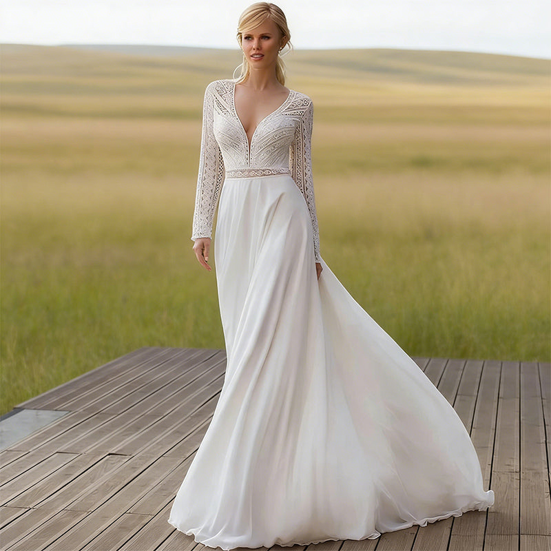 Boho-Brautkleid mit V-Ausschnitt und Spitzenärmeln A-Linien Hochzeitskleid mit geometrischer Spitze 2-26W